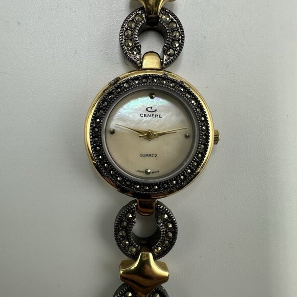 Cenere Watch Women Gunmetal Gold Two Tone Mother of Pearl Dial New Battery 5.75" - Picture 1 of 11